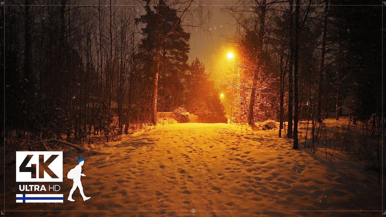 1 Hour Therapeutic Nighttime Snowfall Walk in Finland - Slow TV 4K