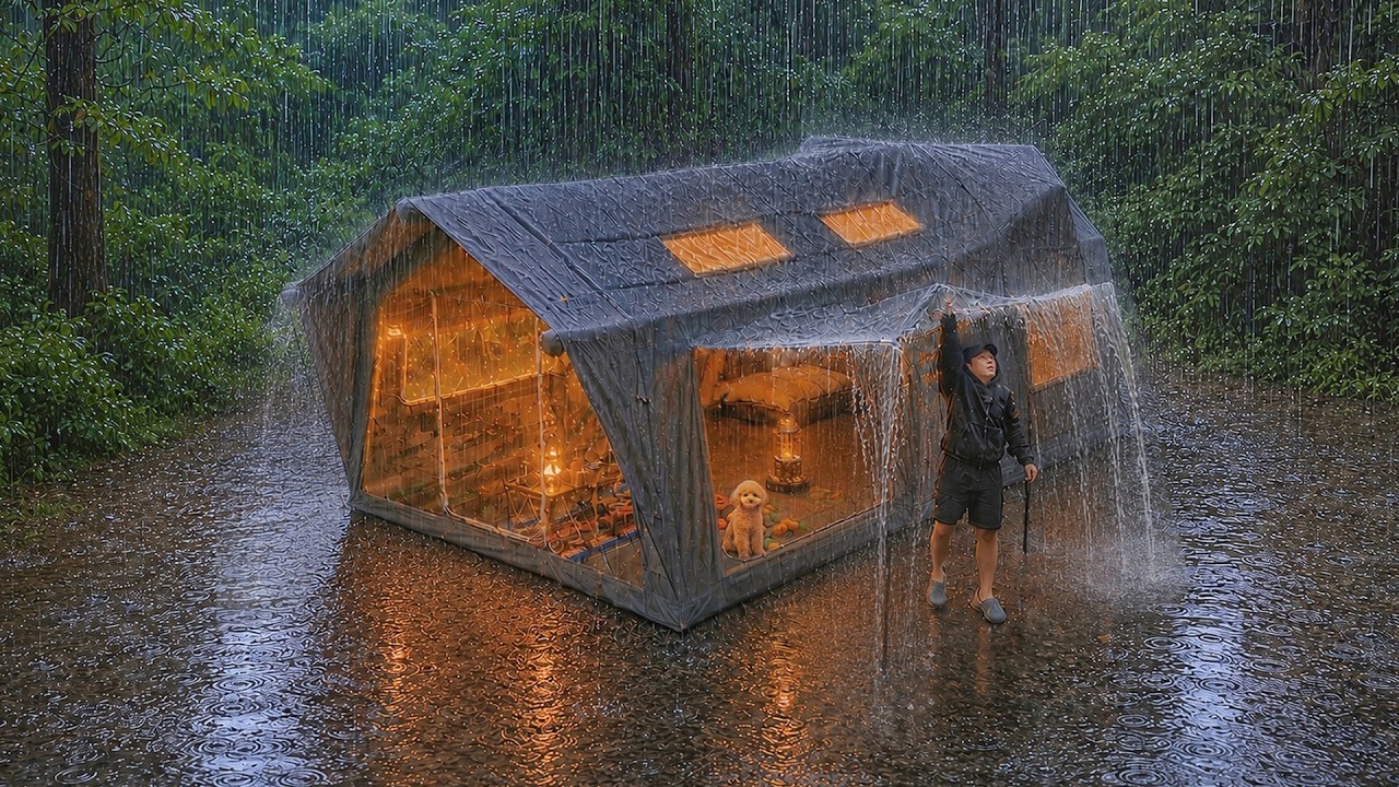 24 Hours Camping in Heavy Rain with My Dog . 3-Room Inflatable Tent . Sound of Rain ASMR