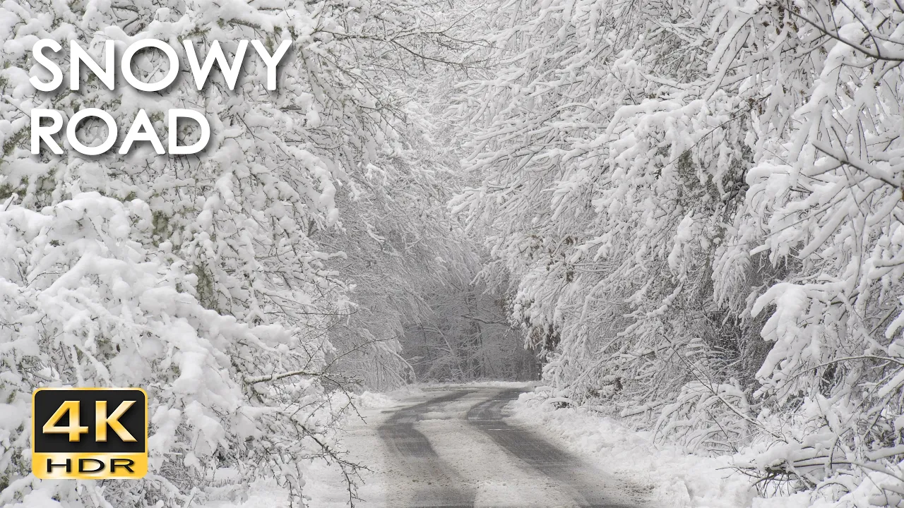 4K HDR Snowy Road – Peaceful Forest Snowfall Ambiance