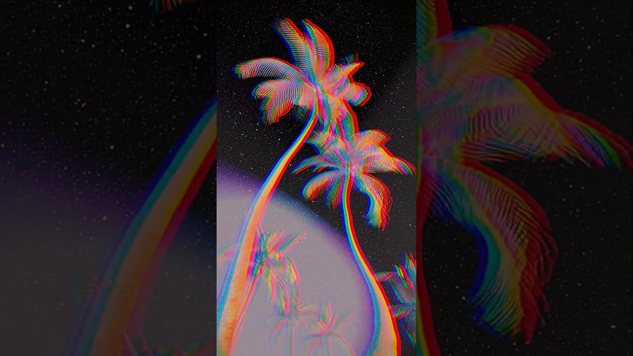 A futuristic image of tall thin palm trees, catching light across its curves. Its pastel tone--pe...