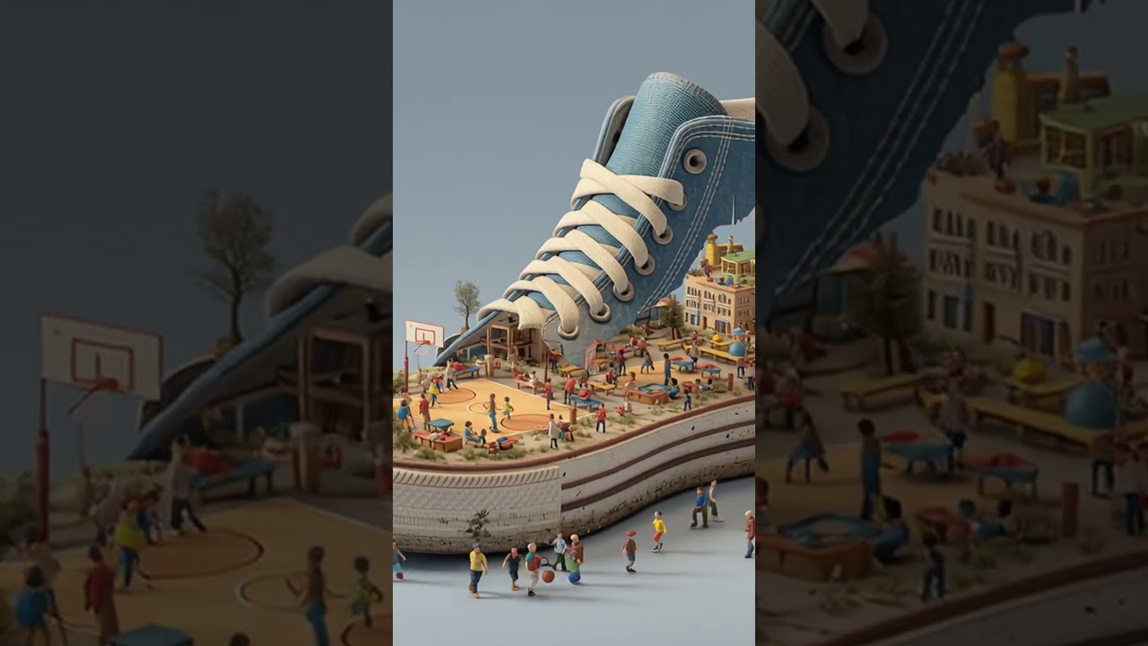 A giant basketball shoe. Inside the basketball shoe, there are many basketball courts and goals; ...