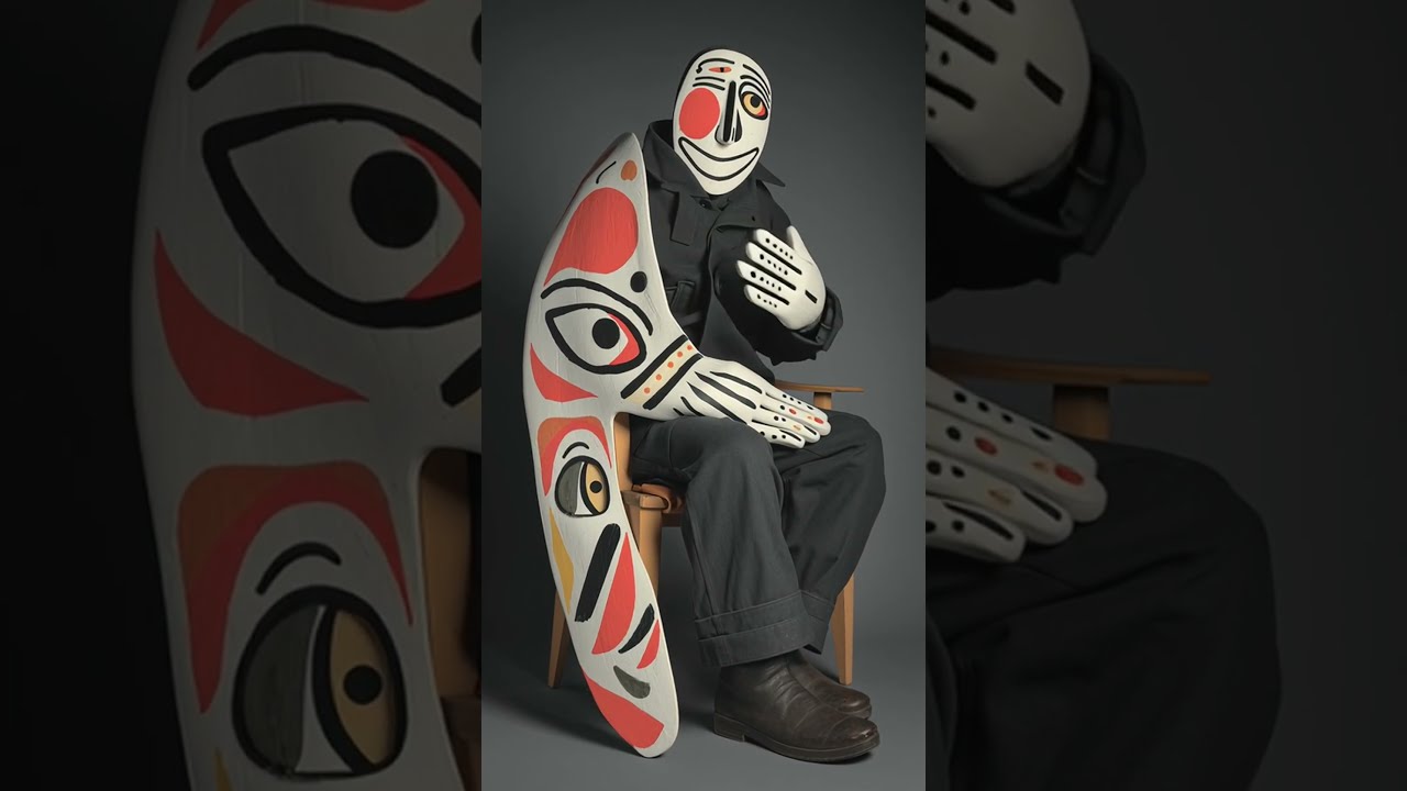 a man with a large head, wearing a wooden mask and cloth garments, sits on a chair. his face is p...