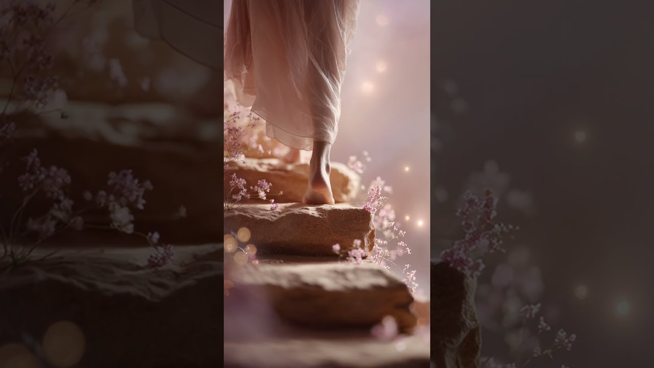 A side-view photograph of a barefoot woman gently stepping up soft beige and pink-toned stone sta...