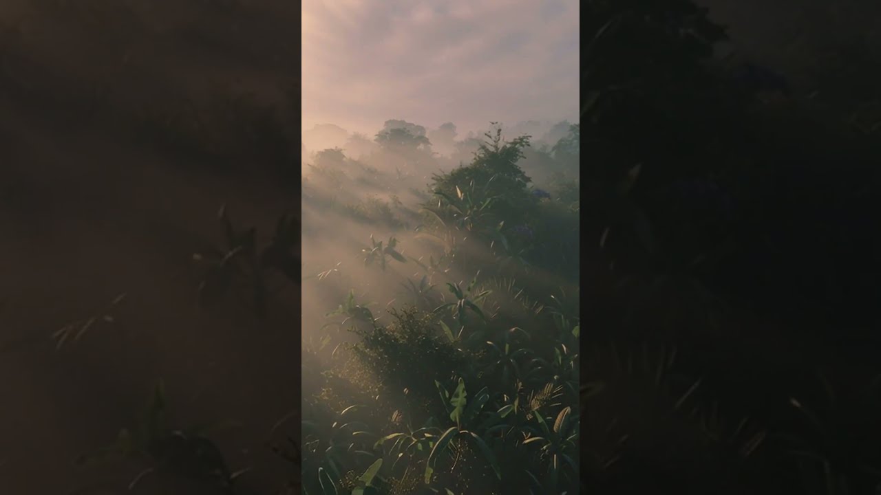 A slow, sweeping drone shot moving through thick morning mist covering a vast jungle canopy. The ...