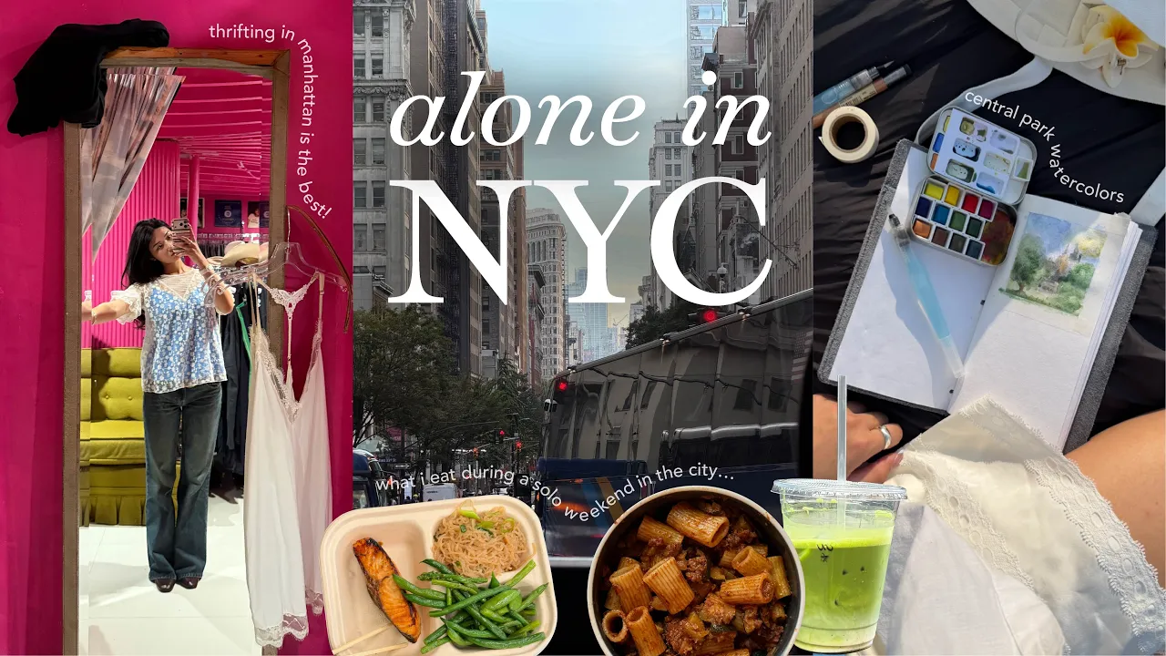 alone in new york city 🍎🚕 | thrifting, watercolors in central park & cooking in my studio apt!