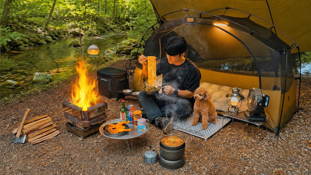 Camping in Forest with My Dog . Korean Fried Chicken & Spicy Whelks Noodles . Wood Stove ASMR