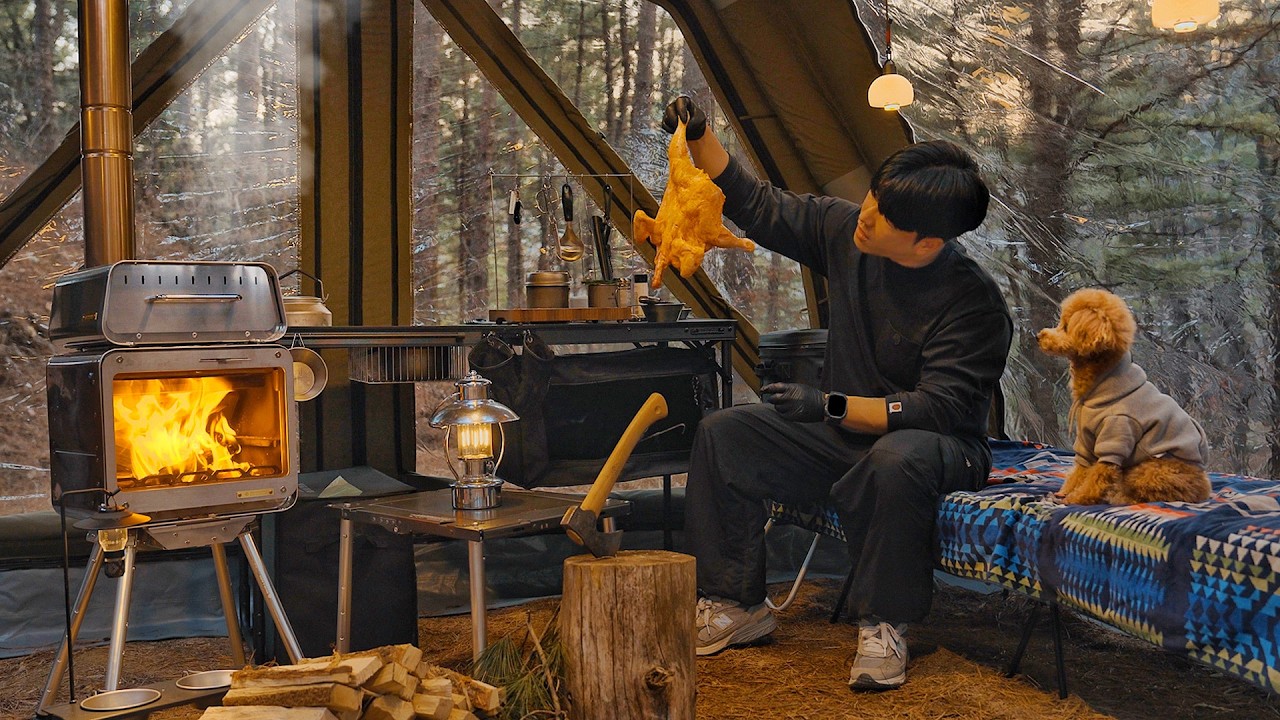 Camping in Forest with My Dog . Roast Chicken in the Wild . Wood Stove ASMR