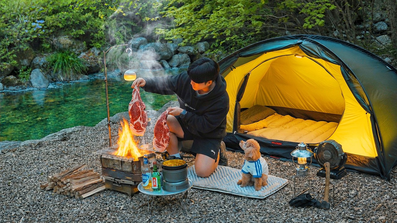 Camping in Forest with My Dog . Roast Pork in the Wild . Wood Stove ASMR