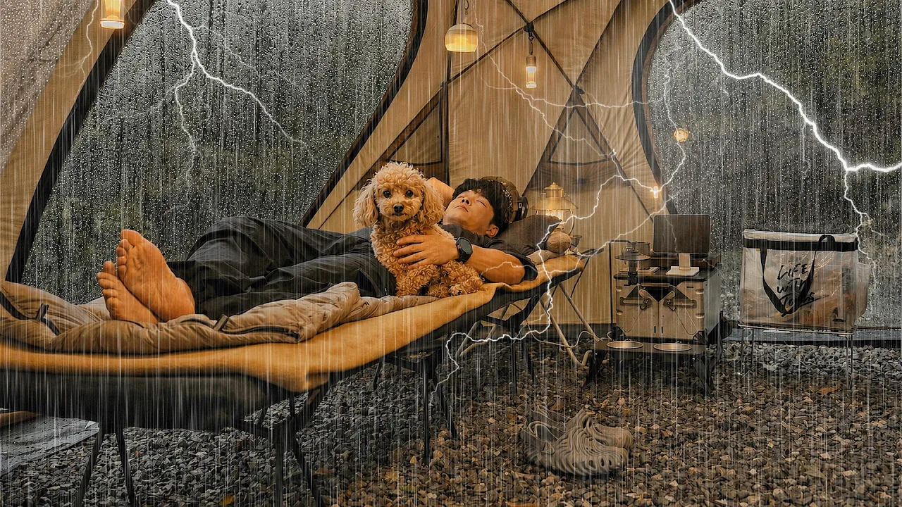 Camping in Heavy rain Storm with My Dog . New Hot tent . Sound of Rain ASMR