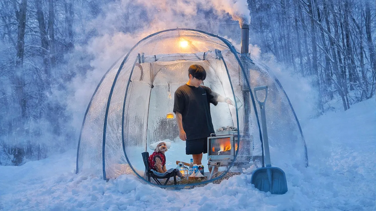 Camping in Heavy Snow with My Dog . Transparent Sauna Tent . Wood Stove ASMR