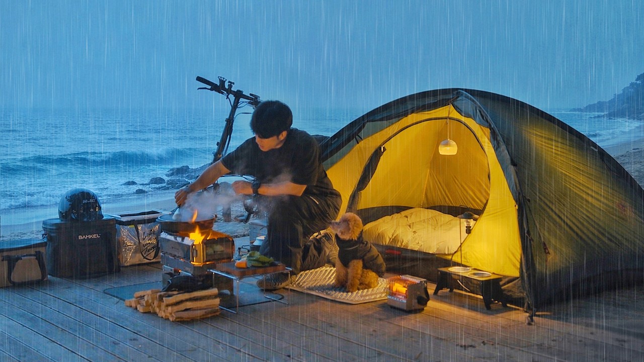 Camping in Quiet Beach with My Dog . Korea Spicy Seafood Jjamppong . Relaxing Waves ASMR