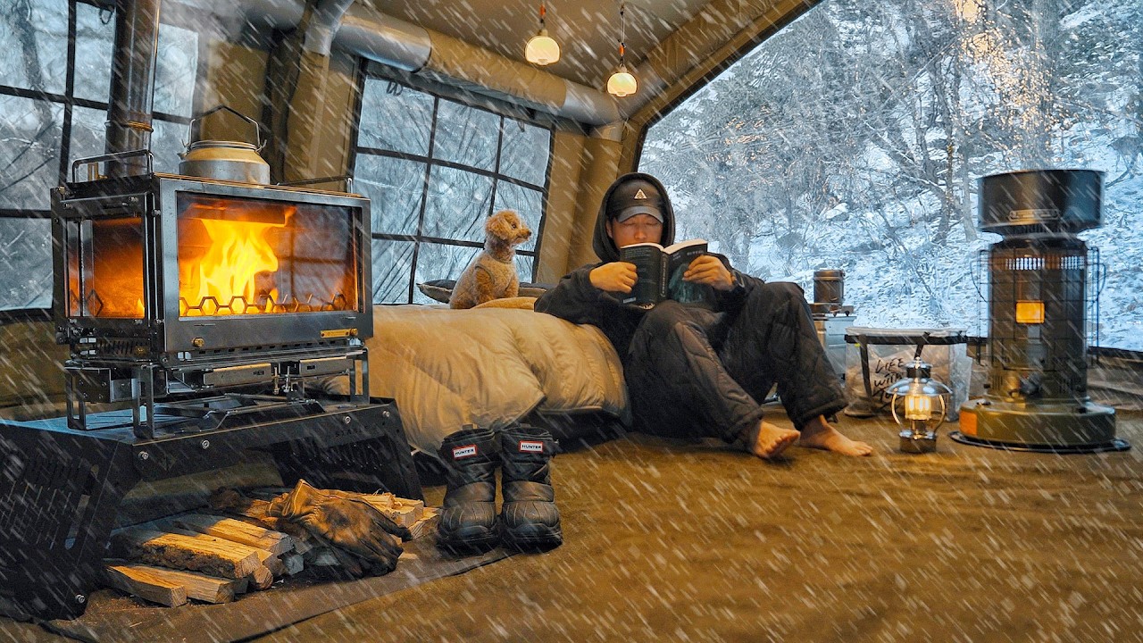 Camping in Snow with My Dog . 2-Room Inflatable Tent . Wood Stove ASMR