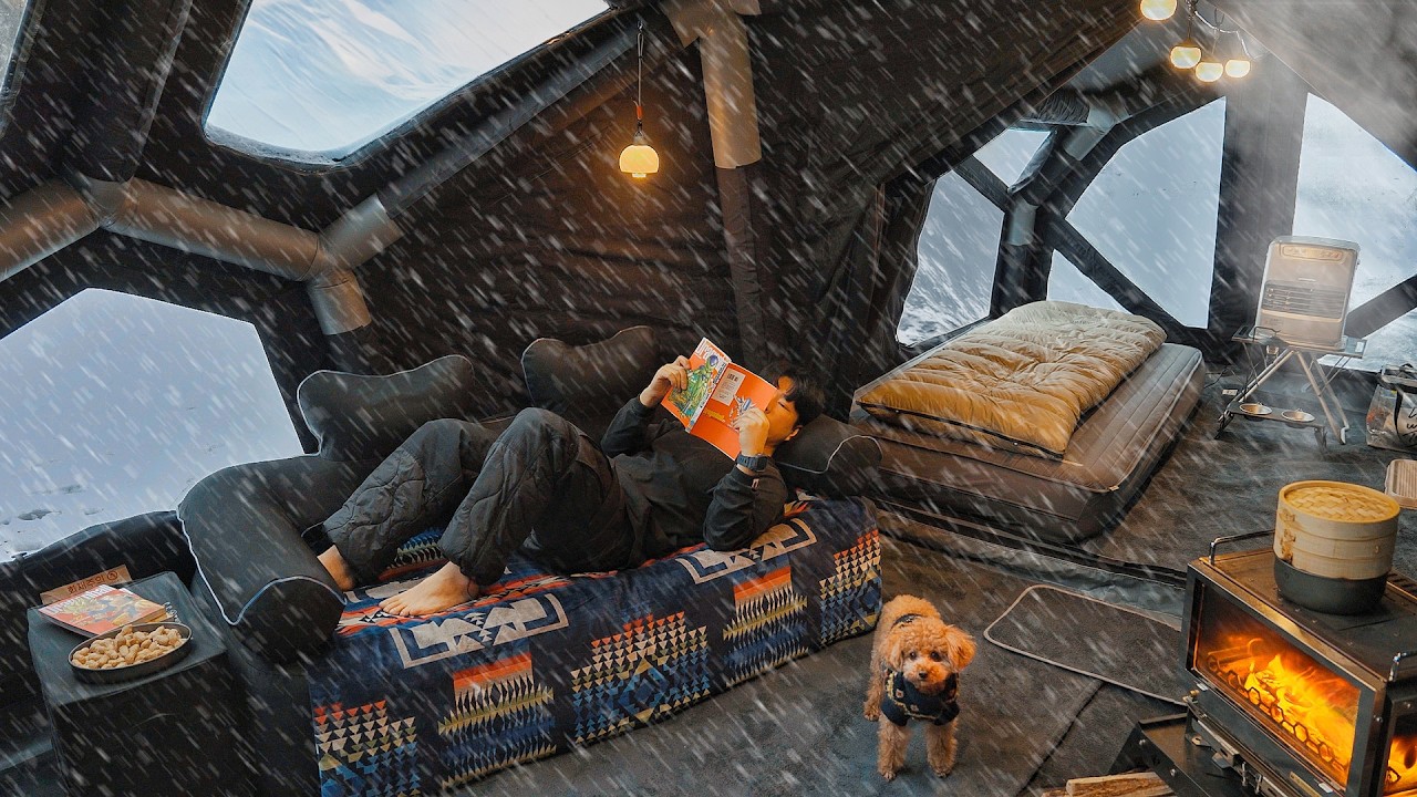 Camping in Snow with My Dog . Relaxing in the Inflatable Hot Tent . Wood Stove ASMR