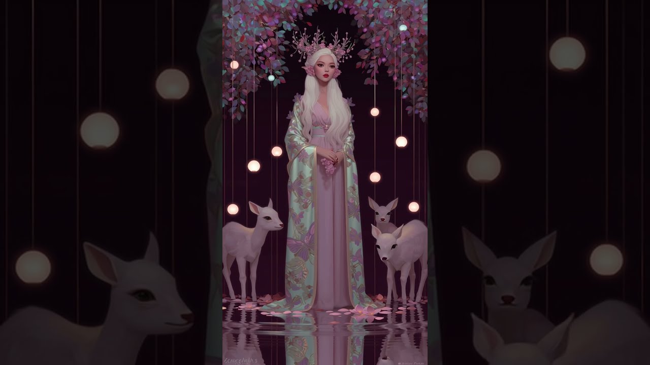 ethereal forest goddess standing by a glowing pond, long flowing white hair and antler crown, wea...