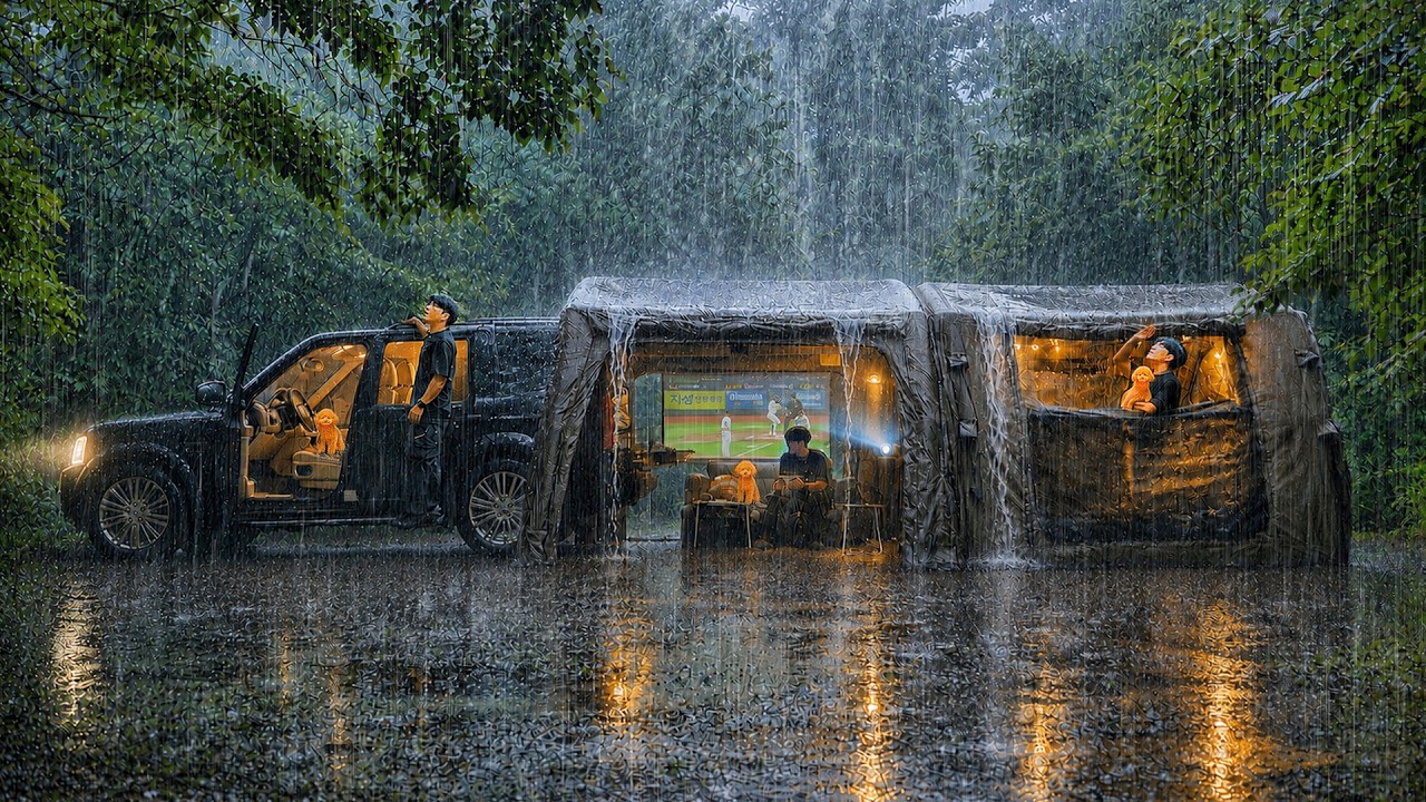 Heavy Rain Camping in a 10M 3 Spaces Inflatable Tent with My Dog . Sound of Rain ASMR