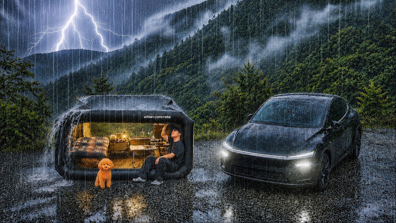 Heavy Rain Camping in a Tesla Model Y Juniper with My Dog . Rain ASMR
