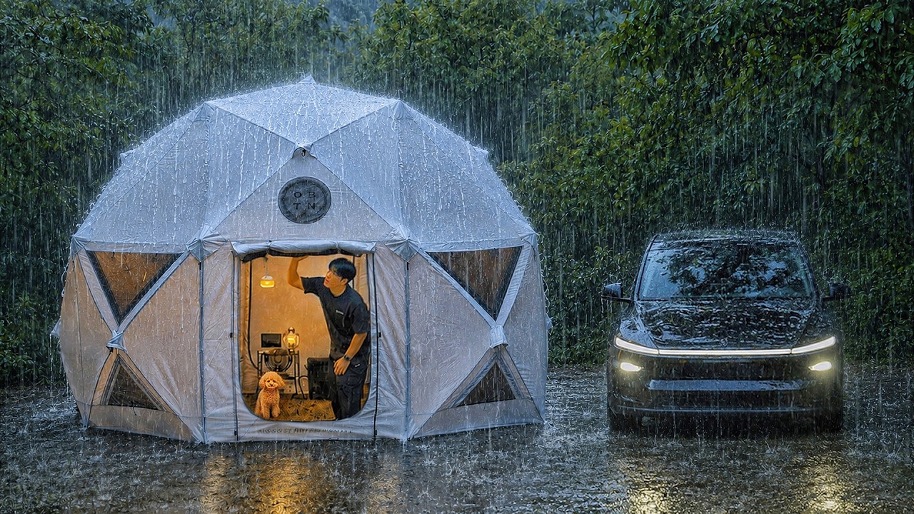 Heavy Rain Camping in a Tesla Model Y Juniper with My Dog . Sound of Rain ASMR