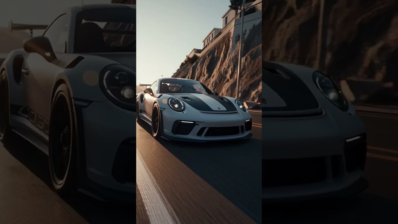 Hyper-realistic photograph of a white Porsche 911 991 GT3 RS with matte black racing stripes driv...