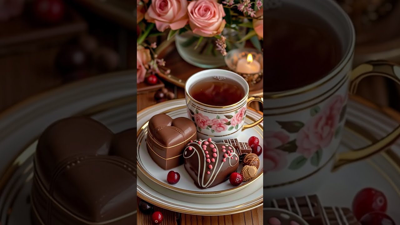 Luxurious sweet table setting in a warm, cozy atmosphere: elegant porcelain cup with gold rim fil...