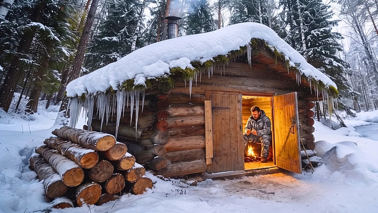 Man Builds A LOG CABIN Alone And Survives Heavy Snow | Relaxing ASMR By ‪@outdoorlifeandcraft‬