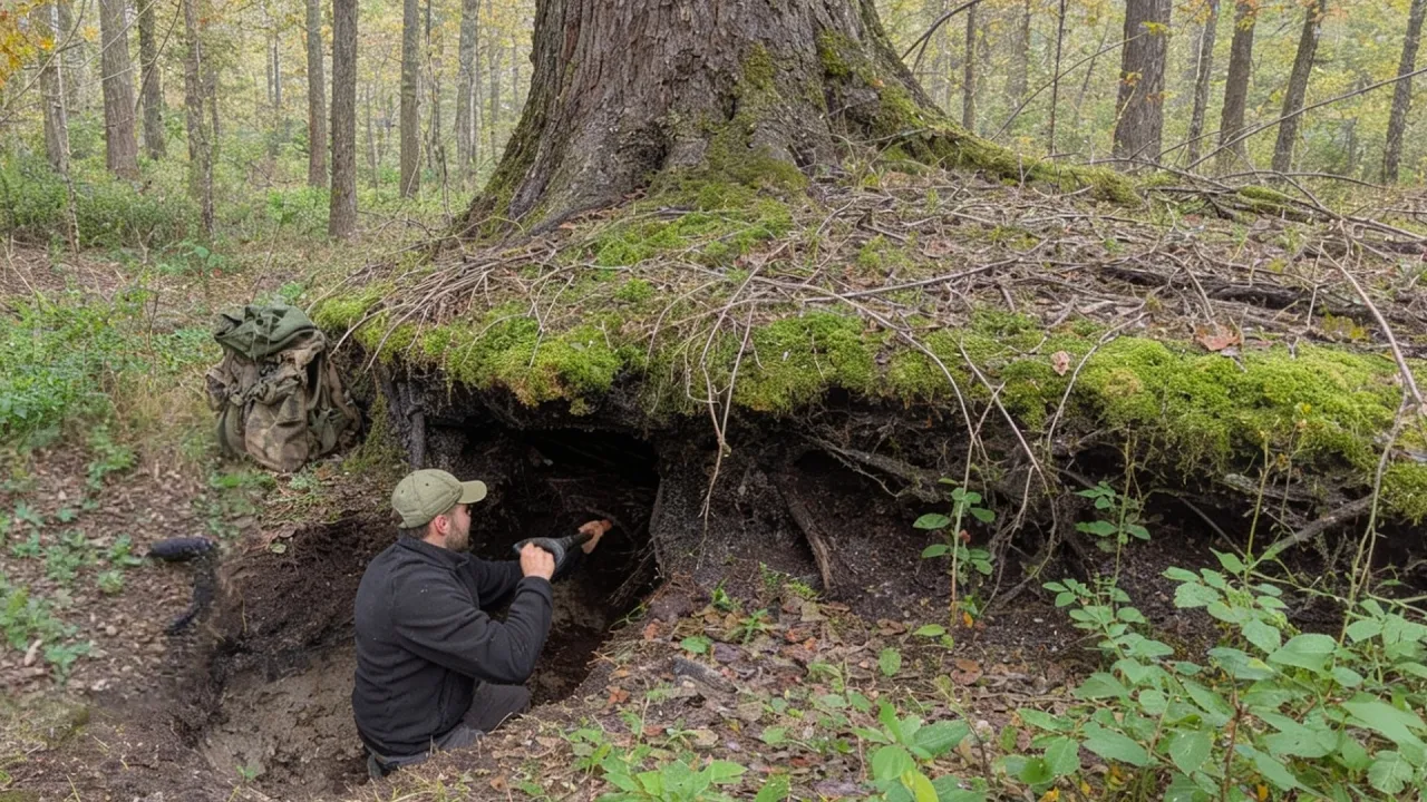 Man Builds HIDDEN SHELTER Inside HUGE Tree Root | Start to Finish by ‪@PolissyaBushcraft‬