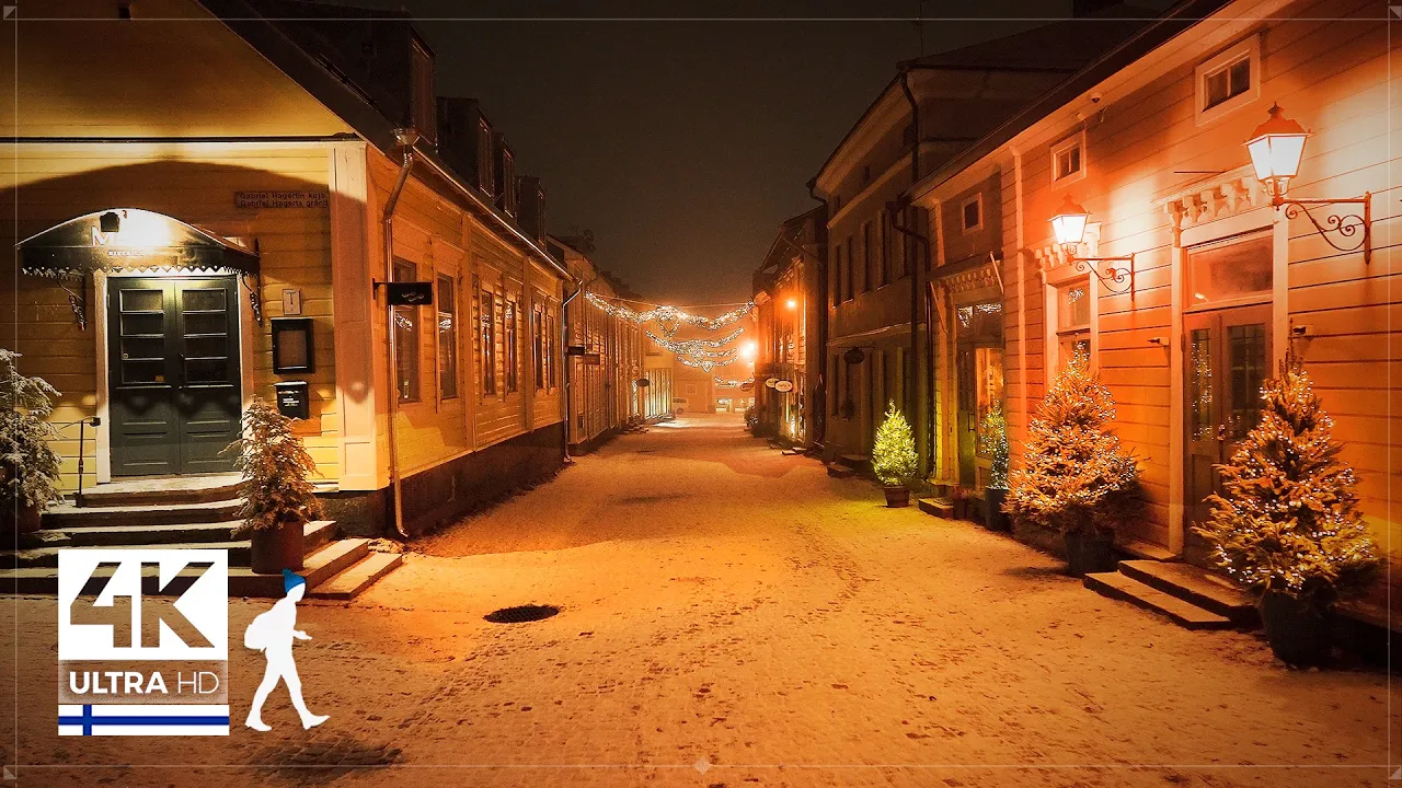 Mystical Night Walk in Snow • Christmas Time in Finland (Porvoo) - Slow TV 4K