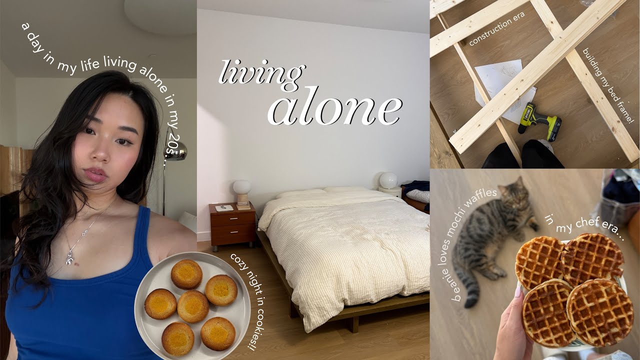productive days living alone 🧸🧺 | building my bed frame, making mochi waffles & lil cozy night in