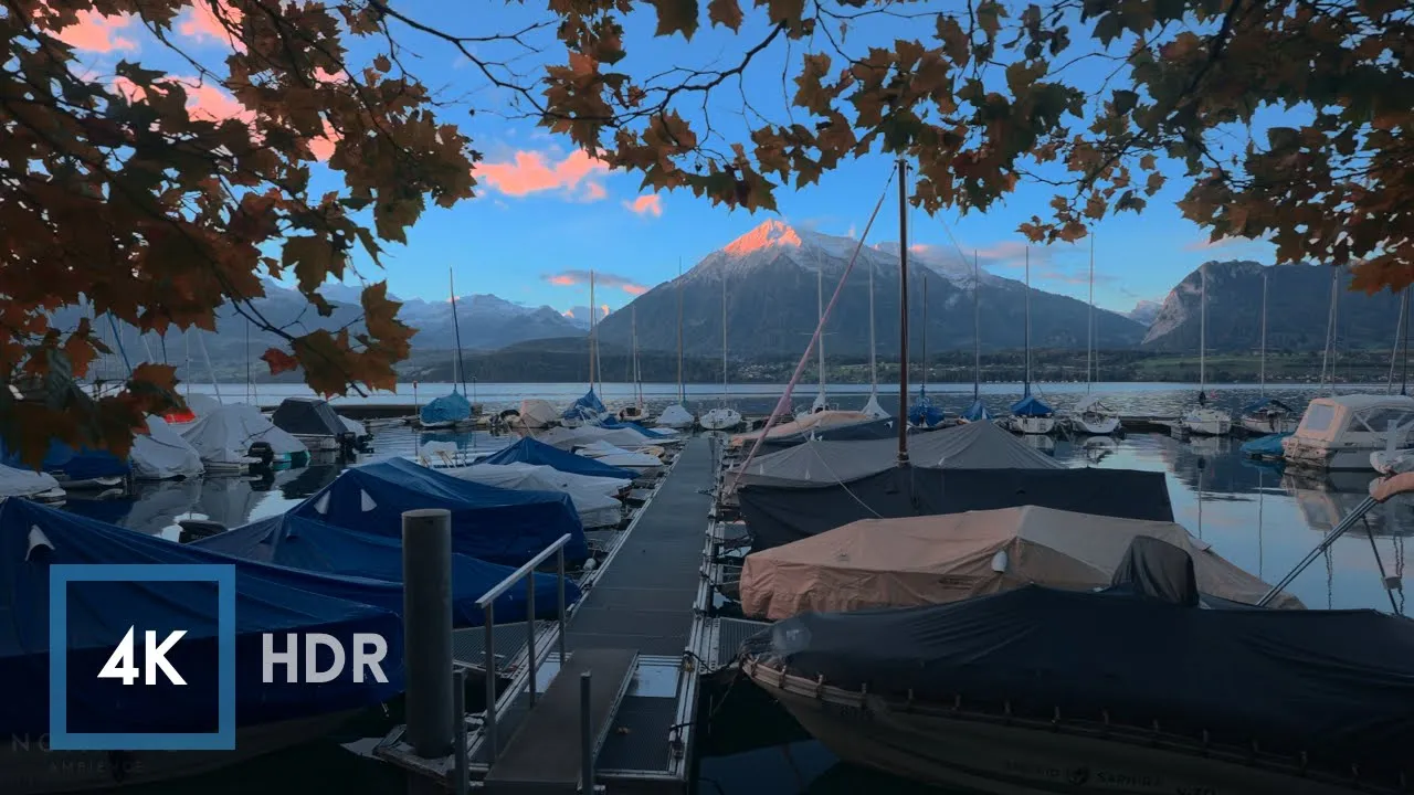 Scenic Autumn Morning Walk in Oberhofen Switzerland | Sunrise by Lake Thun 4K HDR Ambience