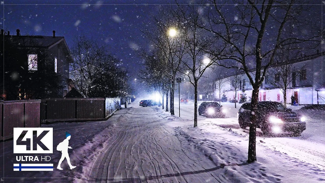 Snowfall Walk in Suburban Neoteric Village, Finland (Masala) - Slow TV 4K