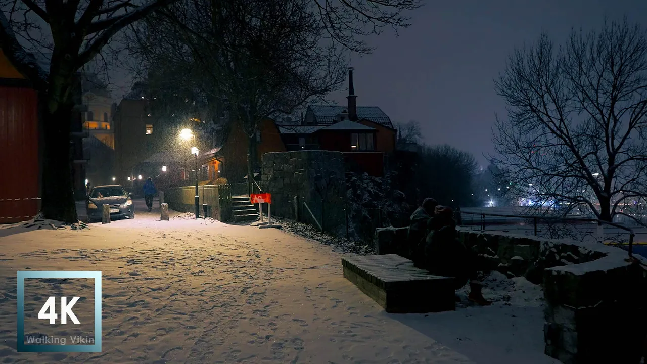 Snowfall Walk on New Year's Eve in Stockholm, Sweden 4K HDR