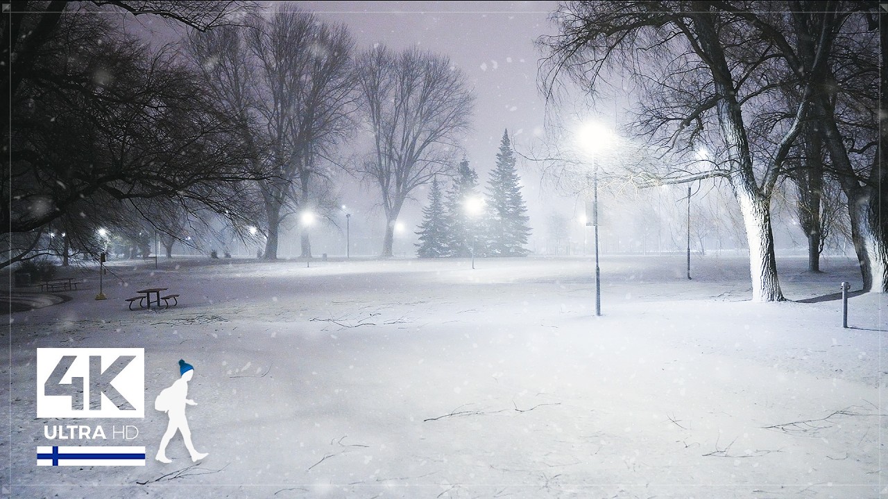 Snowstorm (Johannes) Heavy Snowfall Night Walk in Finland - Slow TV 4K