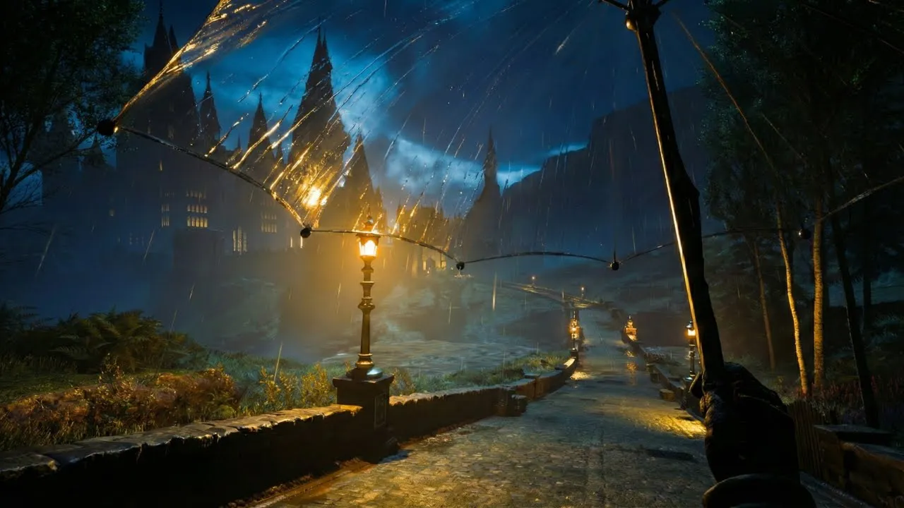 Stormy Night Walk to Hogwarts Castle (Umbrella Rain ASMR, All Hamlets & Hogsmeade)
