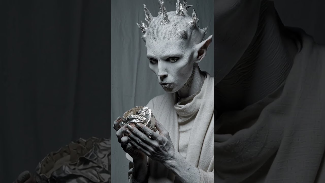 studio portrait of a weird character eats a surreal otherworldly fruit made of pasty silver