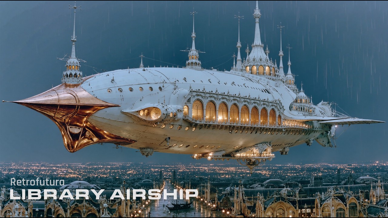 The Library Airship: Twilight Voyage to the Cloud Citadels | AI 4K — Retrofutura