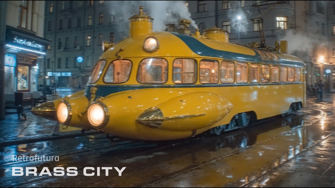The Rainy Brass City: A Steampunk Tram Voyage | AI 4K — Retrofutura