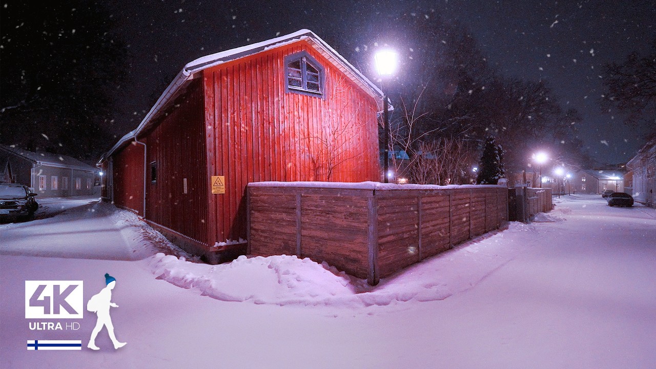 Therapeutic Loneliness • Snowfall Night Walk in Finland - Slow TV 4K