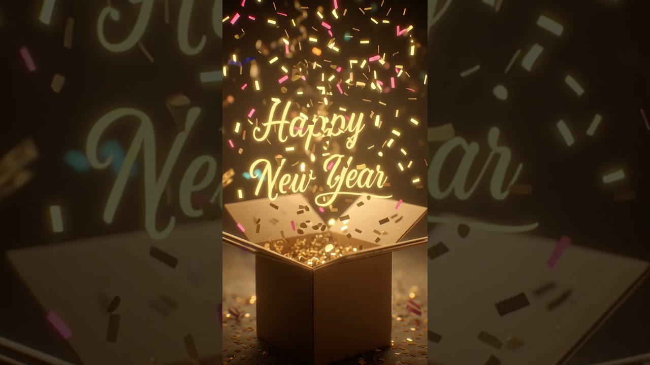 Ultra-cinematic New Year scene. A single clean, premium cardboard box, elegant studio environment...