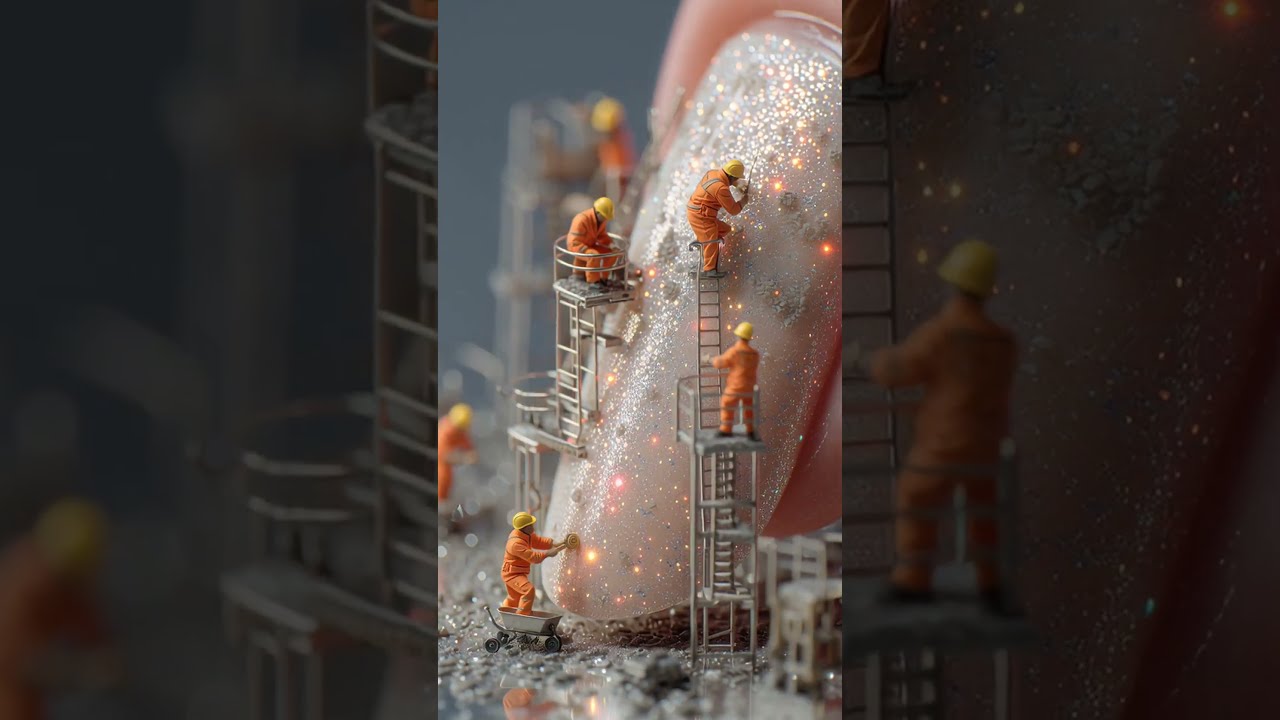 Ultra-realistic giant nail file as long as a highway, tiny miniature construction workers in brig...
