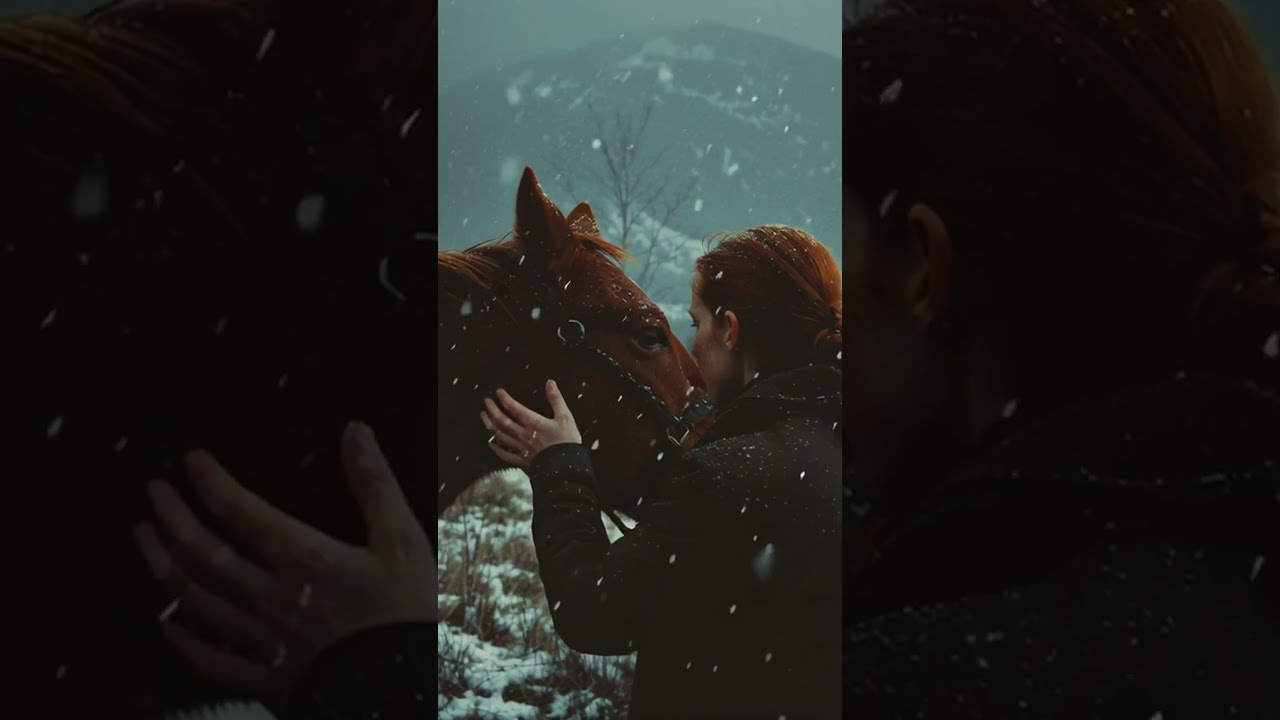 video of red head woman, palomino horse, winter western cinematic photography, snow land, mountai...
